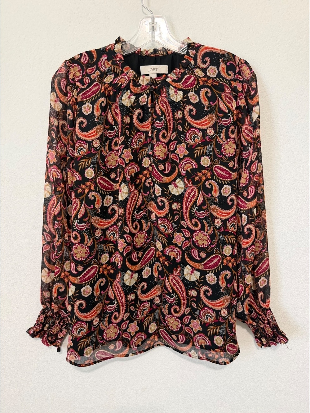 LOFT Long Sleeve Ruffled Button Neck Floral Popover Blouse Women's Size M